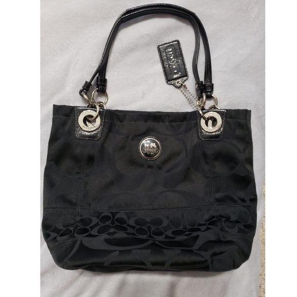 Coach Handbags - Coach Black Monogram Alex Sateen Tote Two-Strap Brilliant Nickle Hardware